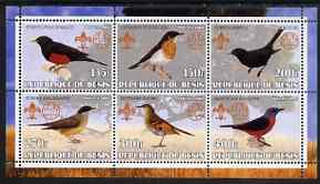 Benin 2002 Thrushes perf sheetlet containing set of 6 values, each with Scouts & Guides Logos unmounted mint, stamps on scouts, stamps on guides, stamps on birds, stamps on thrushes