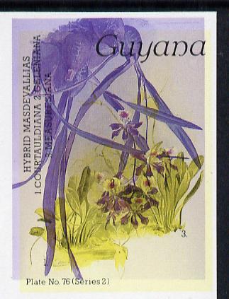 Guyana 1985-89 Orchids Series 2 plate 76 (Sanders' Reichenbachia) unmounted mint imperf single in black & yellow colours only with blue & red from another value (plate 94) printed inverted, most unusual and spectacular*, stamps on flowers  orchids