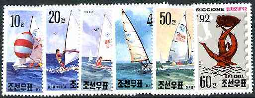 North Korea 1992 Riccione 92 Stamp Fair (Yachts) perf set of 6 unmounted mint, SG N3175-80*, stamps on stamp exhibitions, stamps on yachts, stamps on sailing, stamps on wind surfing, stamps on octopus, stamps on marine life