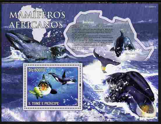 St Thomas & Prince Islands 2010 Animals of Africa - Whales perf souvenir sheet unmounted mint , stamps on animals, stamps on mammals, stamps on whales, stamps on marine life