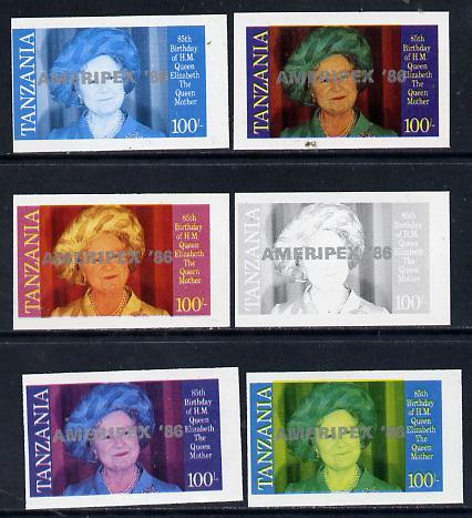 Tanzania 1986 Queen Mother 100s (SG 428 with 'AMERIPEX 86' opt in silver) set of 6 imperf progressive colour proofs unmounted mint, stamps on postal, stamps on royalty, stamps on queen mother, stamps on stamp exhibitions