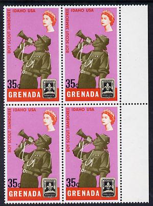 Grenada 1968 Scout Bugler 35c block of 4, one stamp with variety 'dot in hat' (R4/8) unmounted mint, stamps on music  scouts, stamps on headdresses, stamps on hats