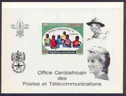 Central African Republic 1971 UNICEF deluxe proof card in full issued colours (as SG 268) optd in black showing Scout logo, Baden Powell, Anti Malaria Logo & Princess Di, stamps on unicef, stamps on children, stamps on scouts, stamps on malaria, stamps on diseases, stamps on diana, stamps on royalty, stamps on united nations