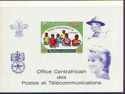 Central African Republic 1971 UNICEF deluxe proof card in full issued colours (as SG 268) opt'd in blue showing Scout logo, Baden Powell, Anti Malaria Logo & Princess Di, stamps on unicef, stamps on children, stamps on scouts, stamps on malaria, stamps on diseases, stamps on diana, stamps on royalty, stamps on united nations