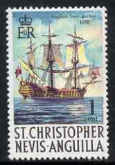 St Kitts-Nevis 1970-74 English Two-decker Warship 1c  from def set unmounted mint, SG 207, stamps on pirates, stamps on ships