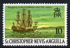 St Kitts-Nevis 1970-74 17th Century Smugglers Ship 10c from def set unmounted mint, SG 213, stamps on pirates, stamps on ships