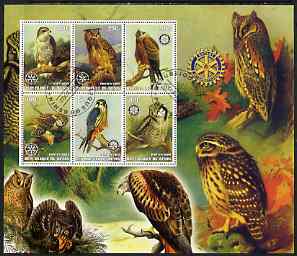 Benin 2002 Birds of Prey #1 perf m/sheet containing 6 values. each with Rotary Logo cto used, stamps on birds, stamps on birds of prey, stamps on eagles, stamps on owls, stamps on falcons, stamps on rotary