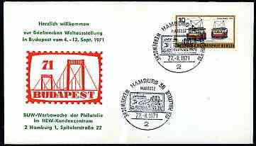 Germany - West Berlin 1971 Commemorative cover for Budapest '71 bearing 10pf electric Tram stamp cancelled with special illustrated cancel, stamps on stamp exhibitions, stamps on railways, stamps on trams