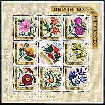 Burundi 1967 Fourth Anniversary of Independence (Flowers) perf sheetlet containing 8 diamond shaped values plus label unmounted mint SG MS 220, stamps on flowers