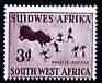 South West Africa 1954 Rhinosceros Hunt Rock Painting 3d from def set unmounted mint, SG 156, stamps on animals, stamps on dinosaurs, stamps on rhino, stamps on hunting