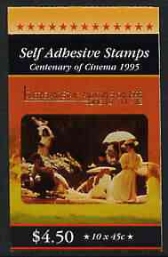 Australia 1995 Centenary of the Cinema $4.50 self-adhesive booklet opt'd for Queensland Stamp & Coin Show, pristine SG SB90a, stamps on cinema, stamps on films, stamps on self adhesive, stamps on stamp exhibitions, stamps on coins