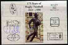 Postcard privately produced in 1998 (coloured) for the 175th Anniversary of Rugby, signed by Paul Rendall (England - 28 caps) unused and pristine, stamps on rugby, stamps on sport