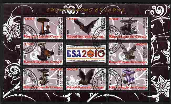Congo 2010 Mushrooms & Fauna #02 perf sheetlet containing 8 values plus Scouts label fine cto used, stamps on fungi, stamps on scouts, stamps on animals, stamps on bats, stamps on mammals