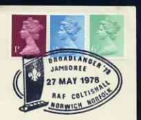 Postmark - Great Britain 1978 cover bearing illustrated cancellation for Broadlander '78 Jamboree at RAF Coltishall, stamps on scouts, stamps on  raf , stamps on 