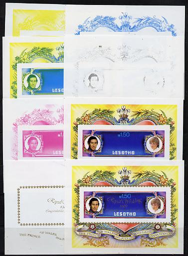 Lesotho 1981 Royal Wedding m/sheet (SG MS 454) the set of 8 imperf progressive proofs comprising the 5 individual colours plus 3 different combination composites incl completed design, extremely rare, stamps on royalty, stamps on diana, stamps on charles, stamps on 