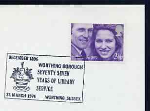 Postmark - Great Britain 1974 card bearing illustrated cancellation for 77 Years of Library service, Worthing, stamps on libraries