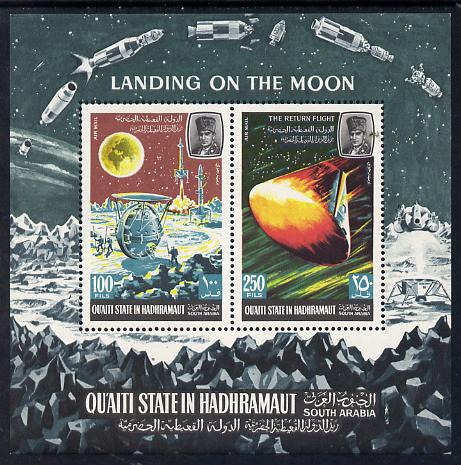 Aden - Quaiti 1967 Moon Landing miniature sheet unmounted mint, Mi BL 9A), stamps on space