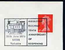 Postmark - Great Britain 1970 cover bearing illustrated cancellation for Middleton Railway 10th Anniversary, stamps on railways