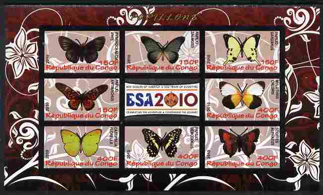 Congo 2010 Butterflies #02 imperf sheetlet containing 8 values plus Scouts label unmounted mint, stamps on butterflies, stamps on scouts, stamps on 