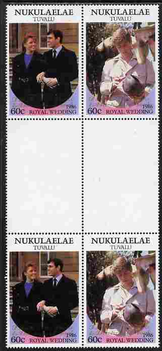 Tuvalu - Nukulaelae 1986 Royal Wedding (Andrew & Fergie) 60c with 'Congratulations' opt in gold in unissued perf inter-paneau block of 4 (2 se-tenant pairs) unmounted mint from Printer's uncut proof sheet, stamps on royalty, stamps on andrew, stamps on fergie, stamps on 