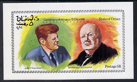 Oman 1974 Churchill Birth Centenary (With Kennedy) imperf deluxe sheet (5R value) unmounted mint, stamps on churchill  kennedy  personalities