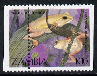 Zambia 1989 Young Reed Frogs 10k with spectacular 11 mm shift of vert perforations, unmounted mint SG 570var, stamps on animals, stamps on amphibians, stamps on frogs