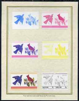 Nevis 1985 John Audubon Birds #1 (Leaders of the World) 5c set of 7 imperf progressive proof pairs comprising the 4 individual colours plus 2, 3 and all 4 colour composites mounted on special Format International cards (7 se-tenant proof pairs as SG 269a), stamps on audubon  birds  