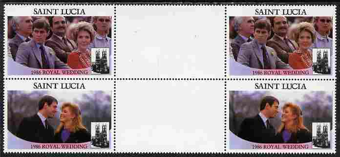 St Lucia 1986 Royal Wedding (Andrew & Fergie) $2 perforated se-tenant gutter block of 4 with face value omitted unmounted mint , stamps on , stamps on  stamps on royalty, stamps on  stamps on andrew, stamps on  stamps on fergie, stamps on  stamps on 