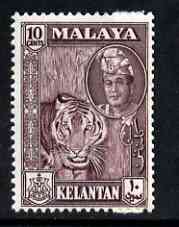 Malaya - Kelantan 1961 Tiger 10c maroon (from def set) unmounted mint, SG 101*, stamps on tigers, stamps on cats