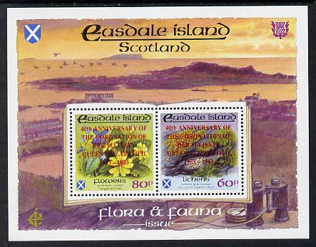 Easdale 1993 40th Anniversary of Coronation overprinted in red on Flora & Fauna perf sheetlet containing 60p (Lichens) & 80p (Spring Flowers) unmounted mint, stamps on flowers   royalty        coronation, stamps on violas