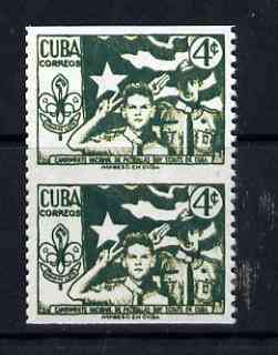 Cuba 1954 3rd National Scout Camp 4c vert pair with horiz perfs omitted being a Hialeah forgery on gummed paper (as SG 721), stamps on scouts, stamps on forgery, stamps on forgeries