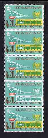 Indonesia 1968 Railway Centenary 20r vert strip of 5, yellow completely omitted from one stamp and partially omitted from another, unmounted mint SG 1193var, stamps on railways