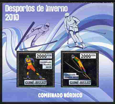 Guinea - Bissau 2010 Winter Olympic Sports - Nordic Combined perf sheetlet containing 2 values in silver unmounted mint, stamps on olympics, stamps on sport, stamps on skiing
