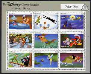 Grenada 1987 50th Anniversary of First Disney Full-length Cartoon Films - Peter Pan perf sheetlet containing 9 values unmounted mint, as SG 1671-79, stamps on disney, stamps on cartoons, stamps on films, stamps on cinema, stamps on , stamps on scots, stamps on scotland