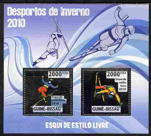 Guinea - Bissau 2010 Winter Olympic Sports - Freestyle Skiing perf sheetlet containing 2 values in silver unmounted mint, stamps on , stamps on  stamps on olympics, stamps on  stamps on sport, stamps on  stamps on skiing