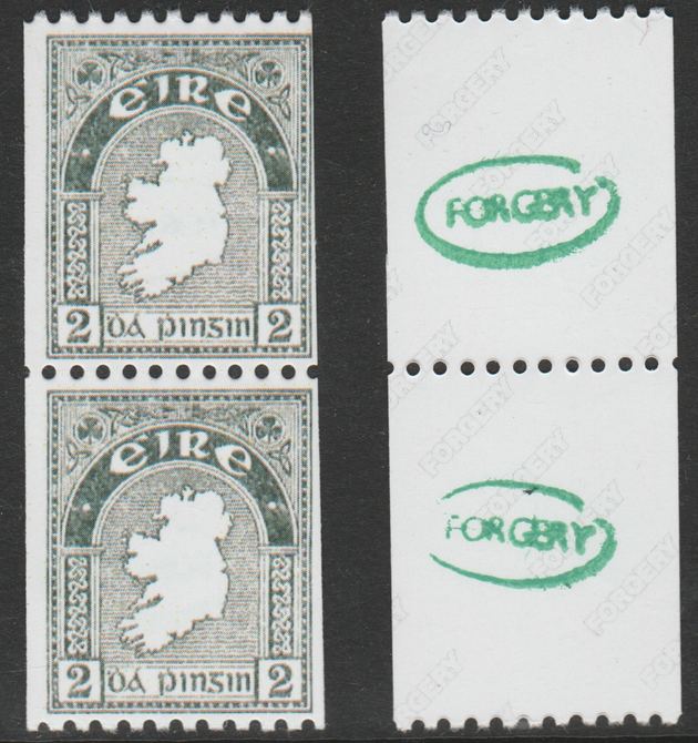 Ireland 1922-34 Map 2d perf x imperf experimental coil pair  'Maryland' forgery 'unused', as SG 74b - the word Forgery is either handstamped or printed on the back and comes on a presentation card with descriptive notes, stamps on maryland, stamps on forgery, stamps on forgeries, stamps on maps, stamps on  kg5 , stamps on 