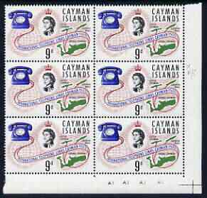 Cayman Islands 1966 International Telephone Links 9d unmounted mint plate block of 6 including R11/5 flaw by second s of Islands, Shelly V42 (SG 199var), stamps on communications, stamps on telephones