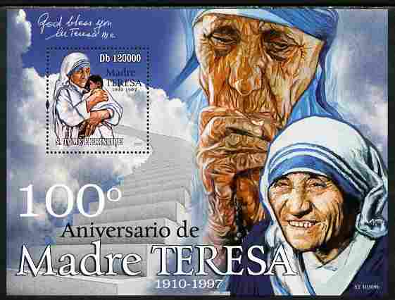 St Thomas & Prince Islands 2010 100th Anniversary of Birth of Mother Teresa perf s/sheet unmounted mint , stamps on personalities, stamps on women, stamps on human rights, stamps on peace, stamps on nobel, stamps on teresa, stamps on 