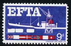 Great Britain 1967 EFTA 9d (Sea Freight) with black, brown, new blue & yellow omitted  'Maryland' perf 'unused' forgery, as SG 715a - the word Forgery is either handstamped or printed on the back and comes on a presentation card with descriptive notes, stamps on maryland, stamps on forgery, stamps on forgeries, stamps on ships