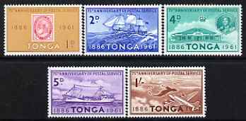 Tonga 1961 75th Anniversary of Tongan Postal services perf set of 5 unmounted mint, SG 115-19, stamps on postal, stamps on stamp on stamp, stamps on douglas, stamps on dc-4, stamps on post offices, stamps on aviation, stamps on ships, stamps on whales, stamps on stamponstamp