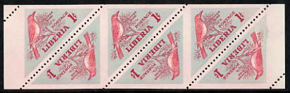 Liberia 1953 Pepper Bird 1c Triangular imperf on 2 sides, unmounted mint strip of 6, as SG 735, stamps on birds