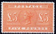 Great Britain 1867 QV £5 orange,  'Maryland' perf forgery 'unused', as SG 137 - the word Forgery is either handstamped or printed on the back and comes on a presentation card with descriptive notes, stamps on maryland, stamps on forgery, stamps on forgeries, stamps on qv, stamps on  qv , stamps on 