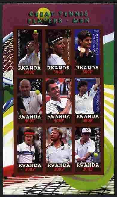 Rwanda 2010 Great Tennis Players - Men imperf sheetlet containing 9 values unmounted mint, stamps on sport, stamps on tennis