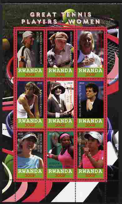 Rwanda 2010 Great Tennis Players - Women perf sheetlet containing 9 values unmounted mint, stamps on sport, stamps on tennis, stamps on women