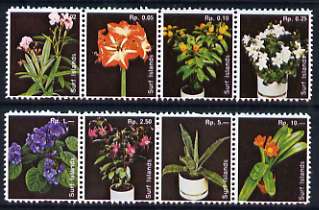 Surf Island House Plants perf set of 8 (dark background) in two se-tenant strips of 4, unmounted mint, stamps on flowers