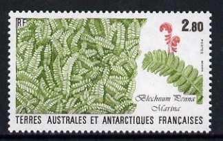 French Southern & Antarctic Territories 1989 Fern 2f 80 from Flora & Fauna set of 4 unmounted mint, SG 246, stamps on flowers, stamps on ferns