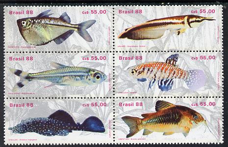 Brazil 1988 Freshwater Fishes se-tenant block of 6 unmounted mint SG 2334-39, stamps on fish     marine-life