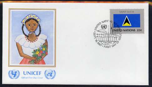 United Nations (NY) 1987 Flags of Member Nations #8 (St Lucia) on illustrated cover with special first day cancel, stamps on flags