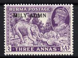 Burma 1945 Mily Admin opt on Elephant & Teak 3a violet unmounted mint, SG 43*, stamps on , stamps on  kg6 , stamps on elephants, stamps on teak, stamps on wood, stamps on timber