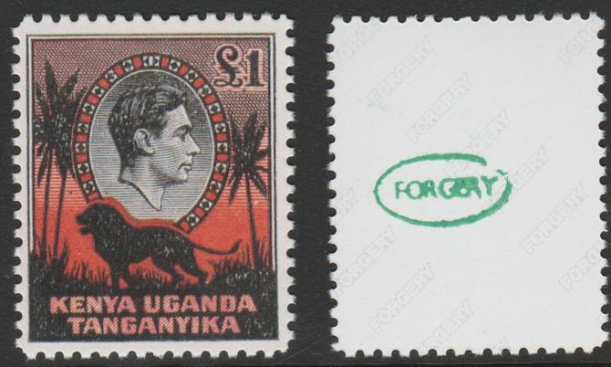 Kenya, Uganda & Tanganyika 1938-54 KG6 Lion £1  'Maryland' perf forgery 'unused', as SG 150 - the word Forgery is either handstamped or printed on the back and comes on a presentation card with descriptive notes, stamps on maryland, stamps on forgery, stamps on forgeries, stamps on  kg6 , stamps on cats, stamps on lions